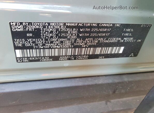 2T3W1RFV8MW130611 2021 TOYOTA RAV4 Green VIN sticker view