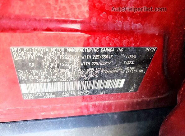2T3W1RFV8RW330346 2024 TOYOTA RAV4 Red VIN կոդի պիտակի տեսք