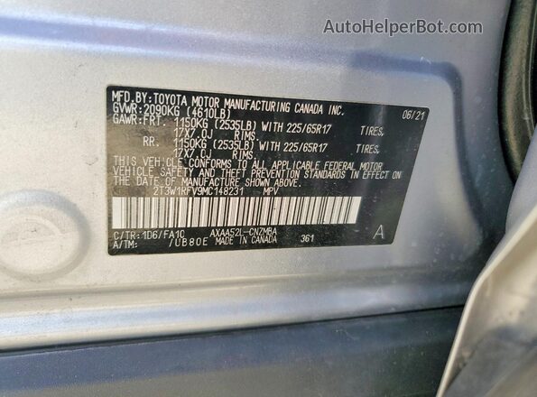 2T3W1RFV9MC148231 2021 TOYOTA RAV4 Серебряный Вид наклейки с VIN-кодом
