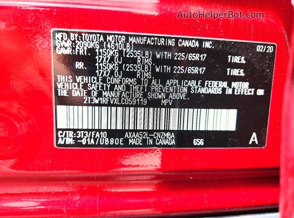 2T3W1RFVXLC059119 2020 TOYOTA RAV4 Maroon Vista del compartimento del motor