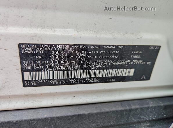 2T3W1RFVXMC149422 2021 TOYOTA RAV4 White VIN კოდის სტიკერის ხედი