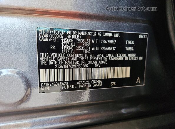2T3W1RFVXMC159366 2021 TOYOTA RAV4 Серый Вид наклейки с VIN-кодом