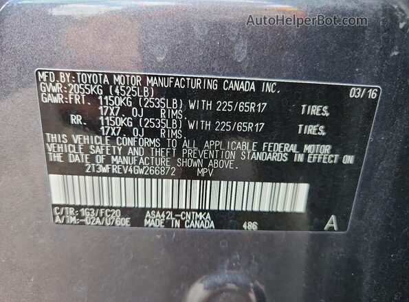 2T3WFREV4GW266872 2016 TOYOTA RAV4 Угольный Вид наклейки с VIN-кодом