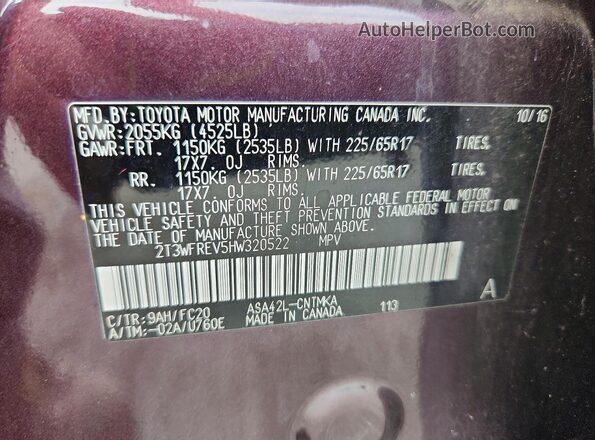 2T3WFREV5HW320522 2017 TOYOTA RAV4 Burgundy VIN sticker view