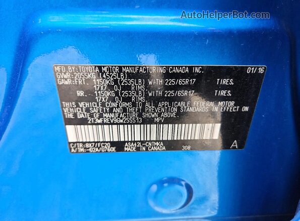 2T3WFREV9GW255513 2016 TOYOTA RAV4 Blue VIN կոդի պիտակի տեսք