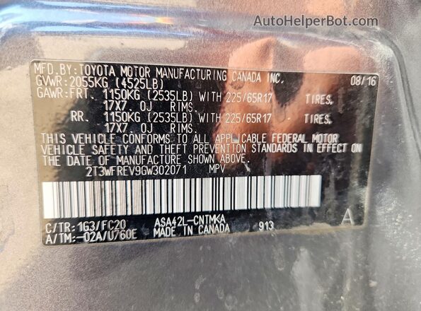 2T3WFREV9GW302071 2016 TOYOTA RAV4 Charcoal Вид підкапотного простору