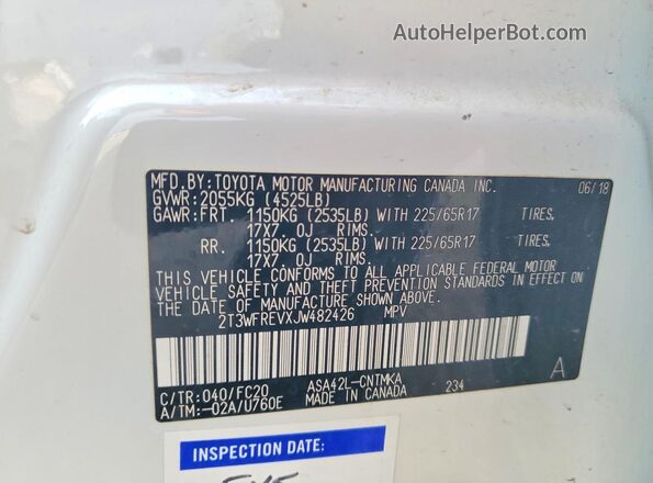 2T3WFREVXJW482426 2018 TOYOTA RAV4 White Widok naklejki z numerem VIN