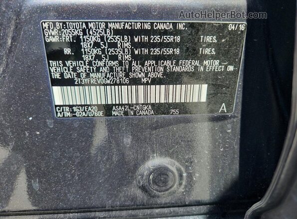 2T3YFREV0GW278106 2016 TOYOTA RAV4 Gray Вид наклейки з VIN-кодом