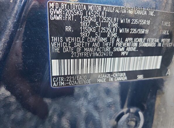 2T3YFREV1HW324012 2017 TOYOTA RAV4 Teal Widok naklejki z numerem VIN