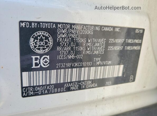2T3Z1RFV3KC010193 2019 TOYOTA RAV4 White Вид наклейки з VIN-кодом