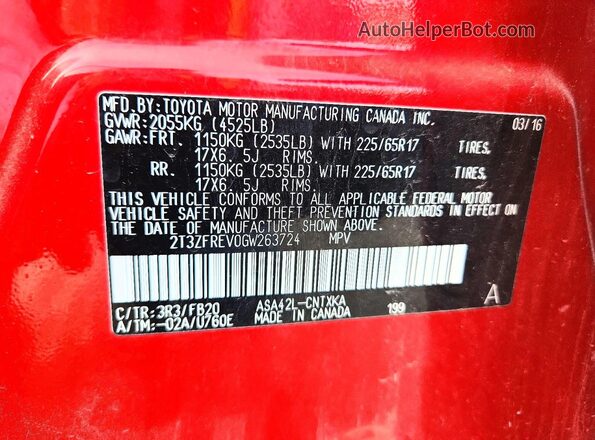 2T3ZFREV0GW263724 2016 TOYOTA RAV4 Красный Панорамный вид салона 360°