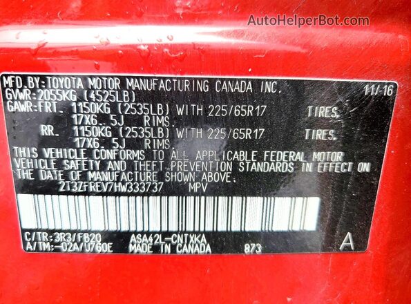 2T3ZFREV7HW333737 2017 TOYOTA RAV4 Red VIN կոդի պիտակի տեսք