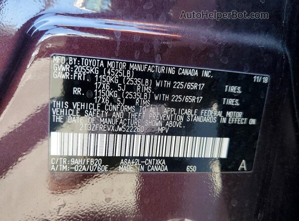 2T3ZFREVXJW522260 2018 TOYOTA RAV4 Burgundy Շարժիչի բաժամունքի տեսք