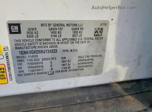 1GNKVGKD8HJ134223 2017 CHEVROLET TRAVERSE White სალონის 360-გრადუსიანი ხედი