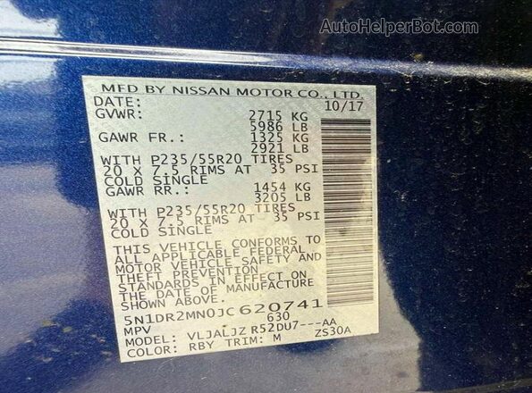 5N1DR2MN0JC620741 2018 NISSAN PATHFINDER Blue VIN կոդի պիտակի տեսք
