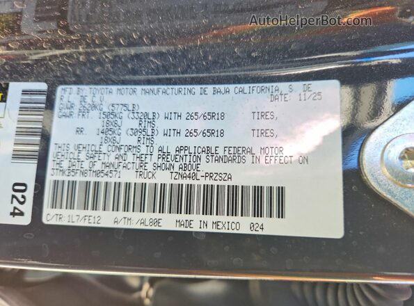 3TMKB5FN8TM054571 2026 TOYOTA TACOMA Gray VIN sticker view