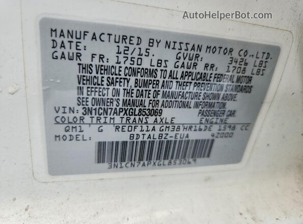 3N1CN7APXGL853069 2016 NISSAN VERSA White VIN կոդի պիտակի տեսք