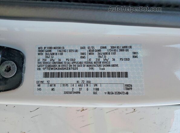 1FTEW3K84SKE87025 2025 FORD F150 White VIN sticker view