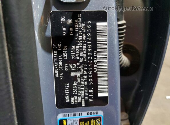 5XXG14J23NG149365 2022 KIA K5 Blue Widok naklejki z numerem VIN