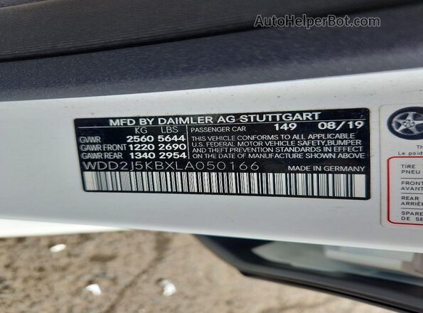 WDD2J5KBXLA050166 2020 MERCEDES-BENZ CLS-CLASS White Widok naklejki z numerem VIN