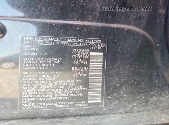 KNMAT2MT1GP679886 2016 NISSAN ROGUE Black VIN კოდის სტიკერის ხედი