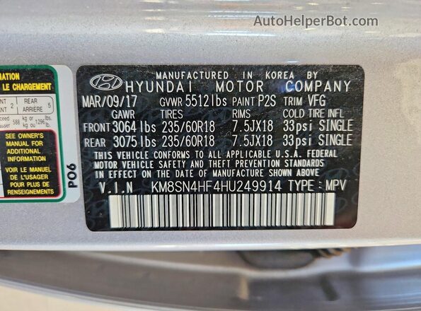 KM8SN4HF4HU249914 2017 HYUNDAI SANTA Silver სალონის 360-გრადუსიანი ხედი