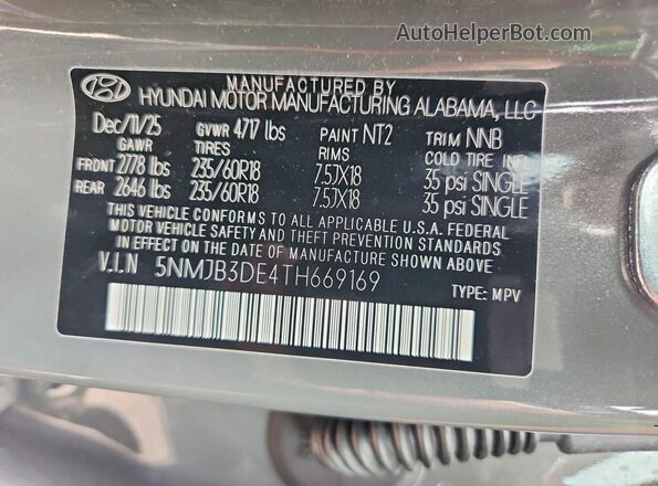 5NMJB3DE4TH669169 2026 HYUNDAI TUCSON Gray Панорамний вид салону 360°