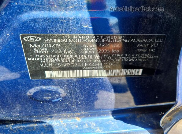 5NPD74LF7KH475803 2019 HYUNDAI ELANTRA Blue VIN կոդի պիտակի տեսք