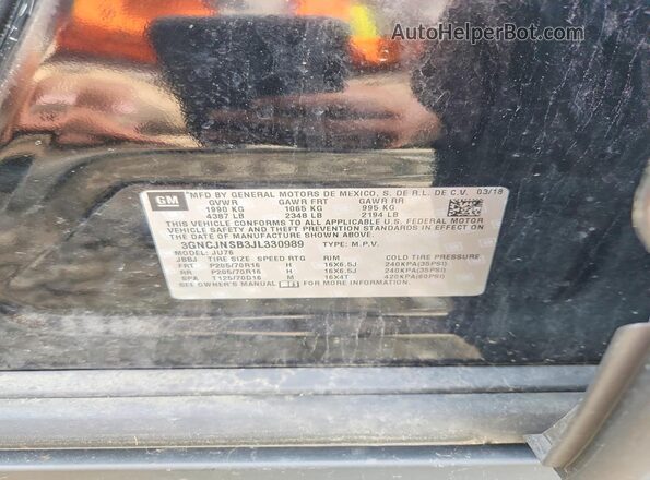 3GNCJNSB3JL330989 2018 CHEVROLET TRAX Black VIN sticker view