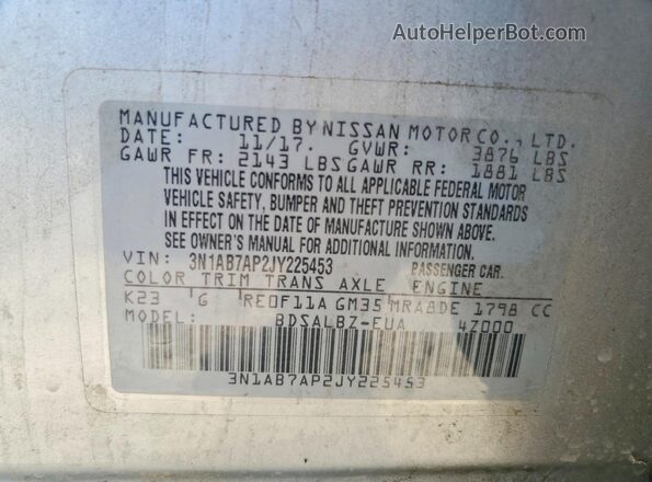 3N1AB7AP2JY225453 2018 NISSAN SENTRA Silver VIN sticker view