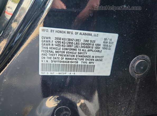 5FNYF6H84GB104159 2016 HONDA PILOT Black Вид наклейки з VIN-кодом