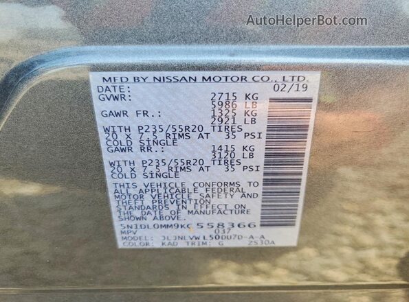 5N1DL0MM9KC558366 2019 INFINITI QX60 Charcoal Widok wnętrza 360 stopni