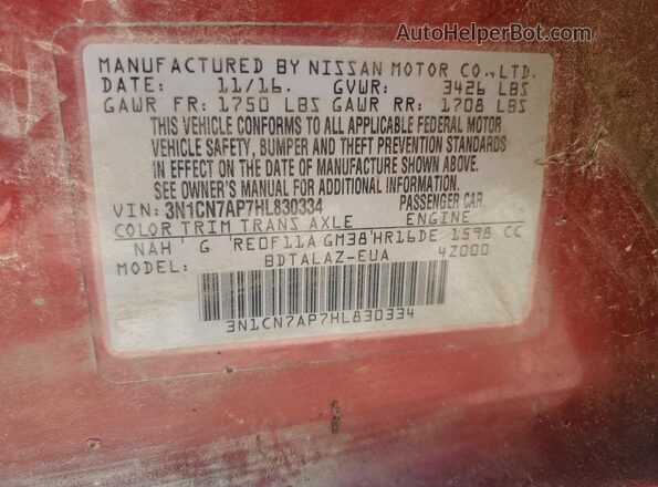 3N1CN7AP7HL830334 2017 NISSAN VERSA Maroon Widok naklejki z numerem VIN