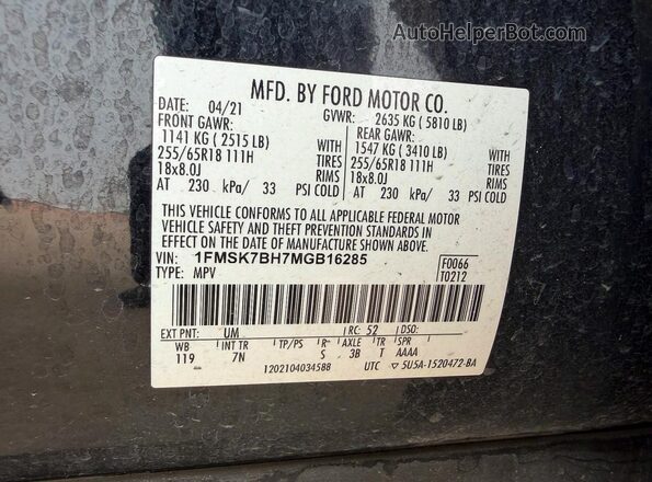 1FMSK7BH7MGB16285 2021 FORD EXPLORER Black უკანა სალონის ხედი