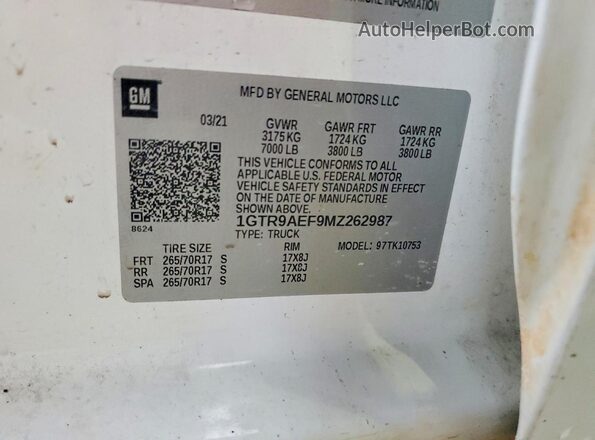 1GTR9AEF9MZ262987 2021 GMC SIERRA White VIN კოდის სტიკერის ხედი