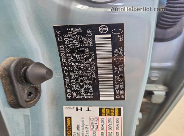 JTDKARFU5K3076321 2019 TOYOTA PRIUS Бирюзовый Вид наклейки с VIN-кодом
