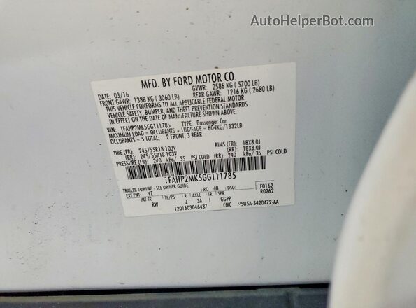 1FAHP2MK5GG111785 2016 FORD TAURUS White Widok naklejki z numerem VIN
