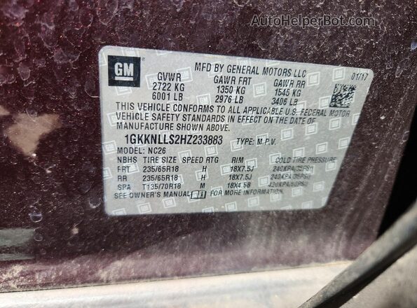 1GKKNLLS2HZ233883 2017 GMC ACADIA Maroon 360 interior view