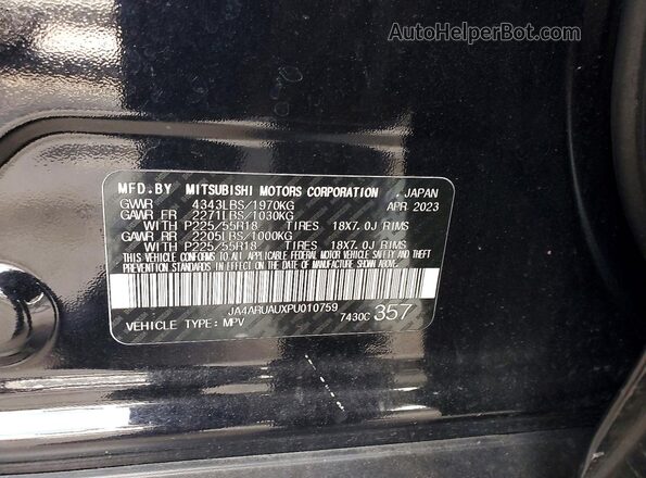 JA4ARUAUXPU010759 2023 MITSUBISHI OUTLANDER Black VIN կոդի պիտակի տեսք