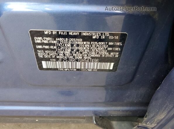 JF2SJARC7GH547496 2016 SUBARU FORESTER Blue VIN sticker view