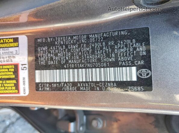 4T1R11AK7NU705061 2022 TOYOTA CAMRY Gray VIN კოდის სტიკერის ხედი