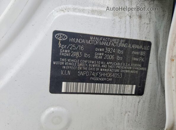 5NPD74LF5HH064053 2017 HYUNDAI ELANTRA White VIN կոդի պիտակի տեսք