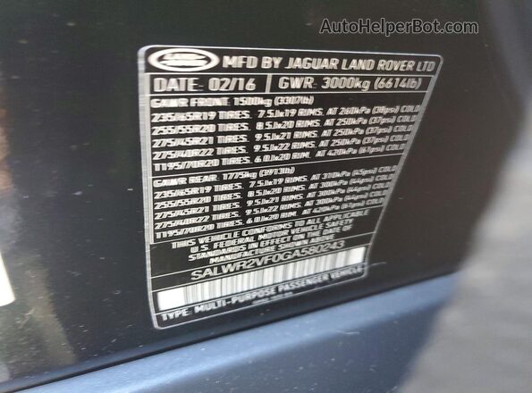 SALWR2VF0GA580243 2016 LAND ROVER RANGE ROVER Черный Вид наклейки с VIN-кодом