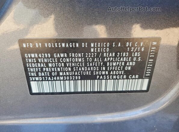 3VWD17AJ4HM303299 2017 VOLKSWAGEN JETTA Gray VIN კოდის სტიკერის ხედი