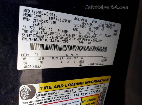 1FMJK1KT3JEA57269 2018 FORD EXPEDITION Черный Вид наклейки с VIN-кодом