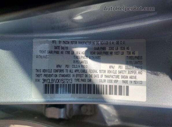 3MYDLBYV0KY527213 2019 TOYOTA YARIS Gray Вид наклейки з VIN-кодом