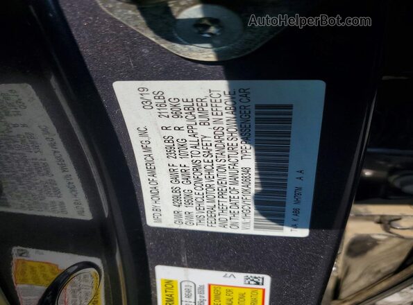 1HGCV1F10KA068348 2019 HONDA ACCORD Gray Widok naklejki z numerem VIN