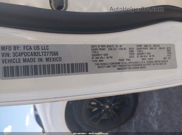 3C4PDCAB2LT277566 2020 DODGE JOURNEY White Вид підкапотного простору