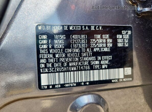 3CZRU5H16MM714766 2021 HONDA HR-V Gray VIN կոդի պիտակի տեսք