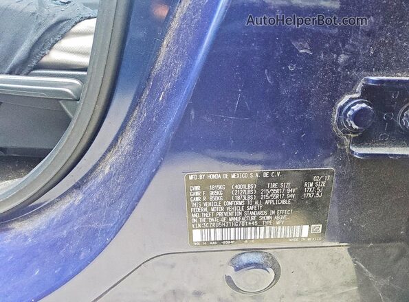 3CZRU5H31HG701445 2017 HONDA HR-V Синий Вид наклейки с VIN-кодом